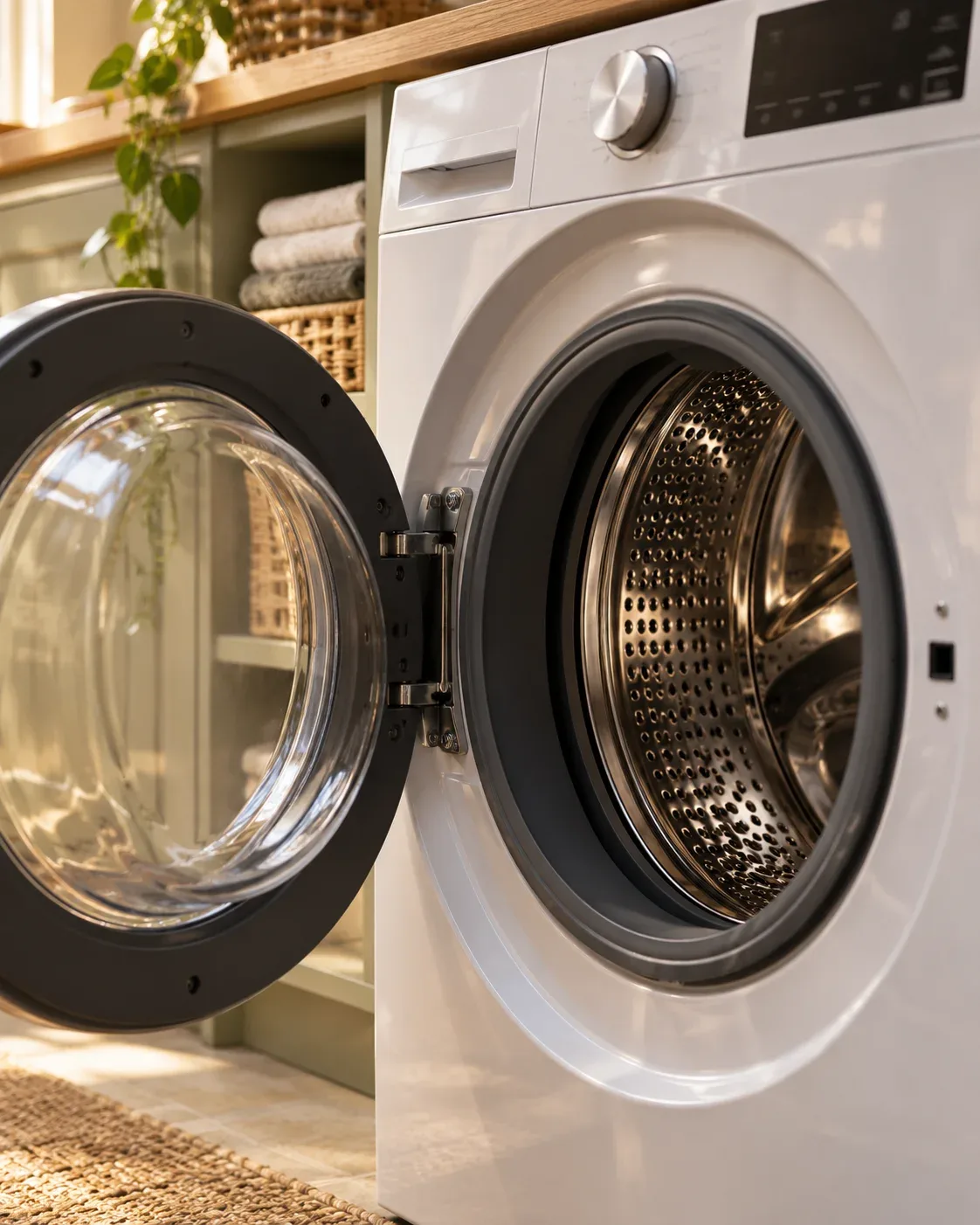 Residential washing machine in a natural home laundry setting