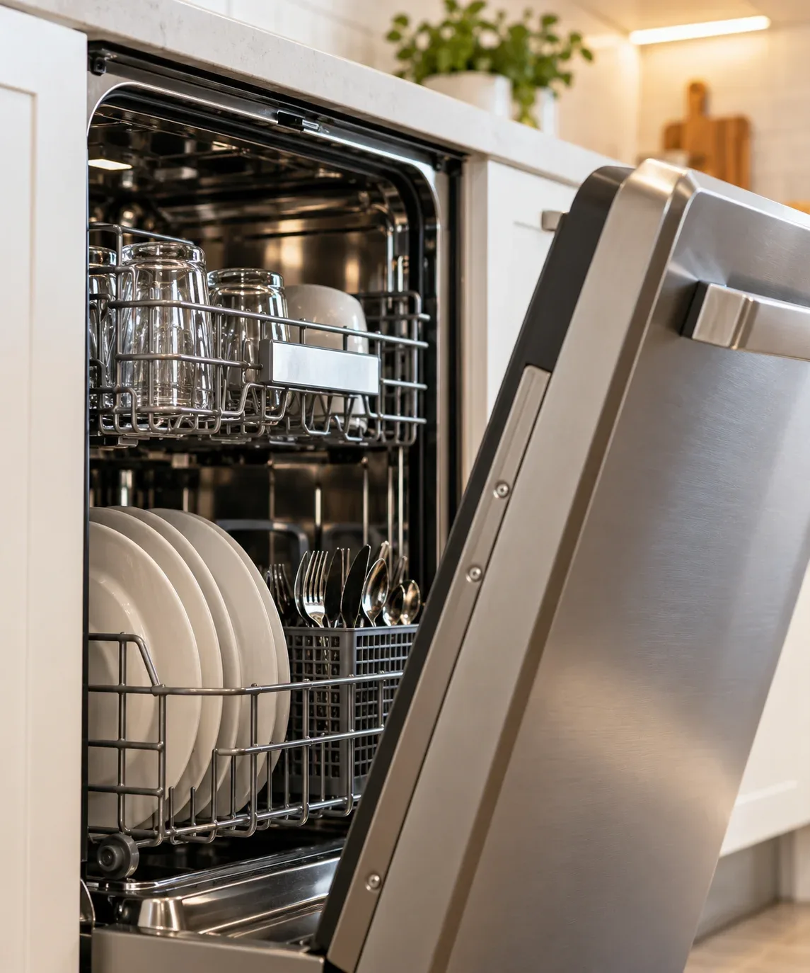 Close-up of a household dishwasher in a residential kitchen