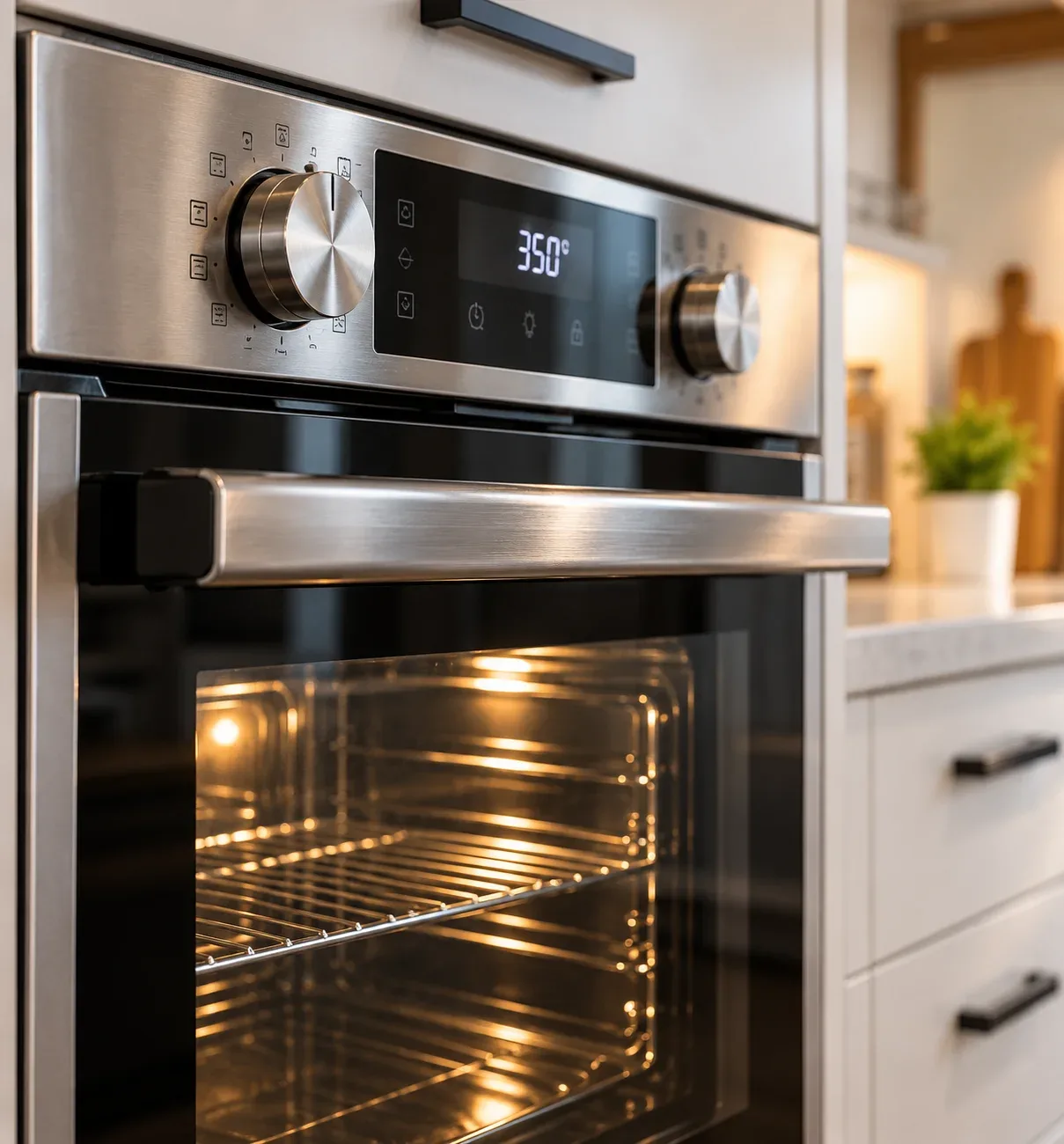 Residential oven close-up showing the oven door and interior